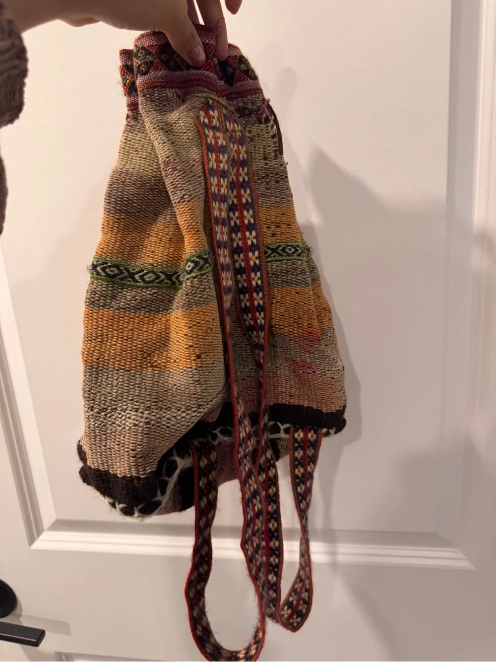 Peruvian Handwoven Boho Drawstring Backpack in Mustard and Cream
